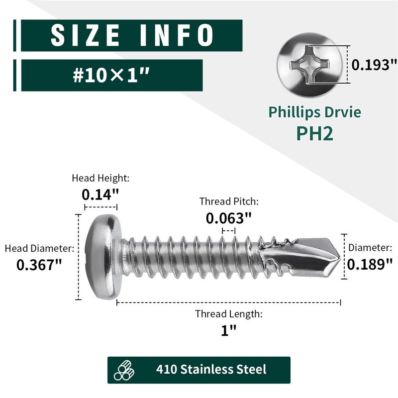 EASTLO #10 x 1 Pan Head Self Drilling Screws, Phillips Drive, 410 Stainless Steel Sheet Metal Screws,Self Tapping, Dovetail, Pack of 100 - Image 3